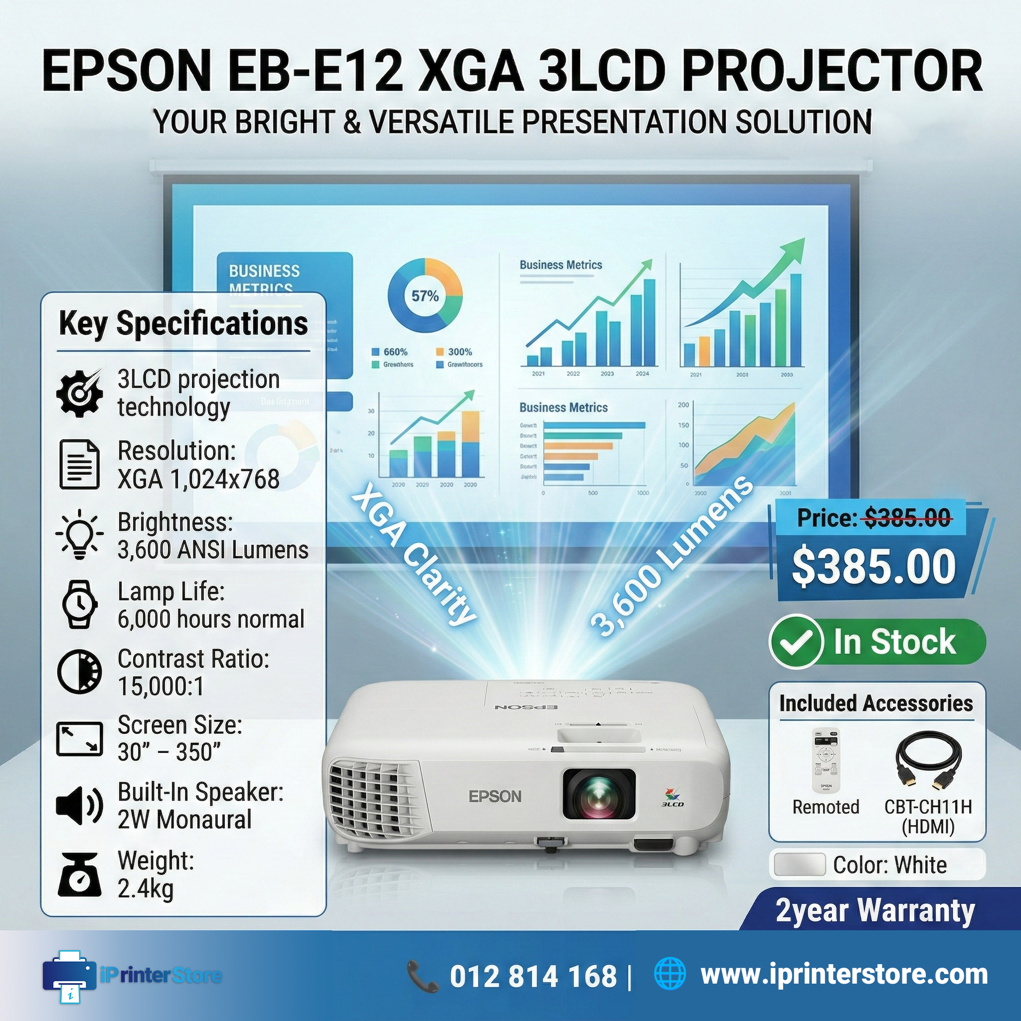 Epson EB‑E12 XGA 3LCD Projector